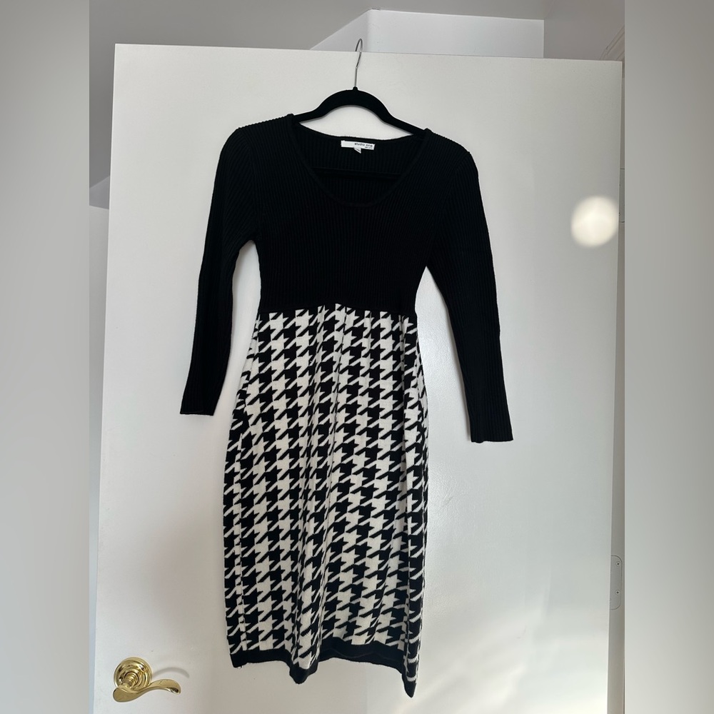 Studio One Sweater Dress.  Black Solid Top flows into black/white skirt Size M
